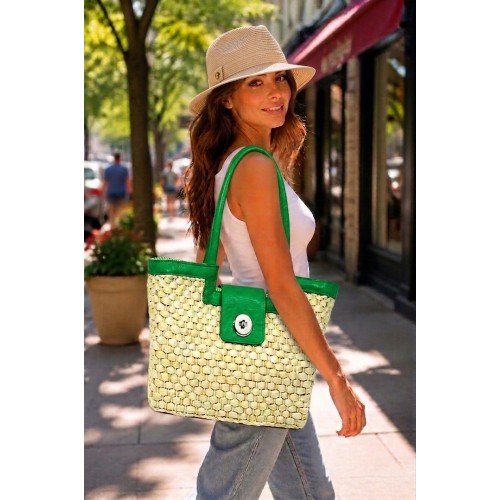 Straw Satchel: Corn Husk w/ Leather-like Trim & Handles - Green -BG-B10015A-GN